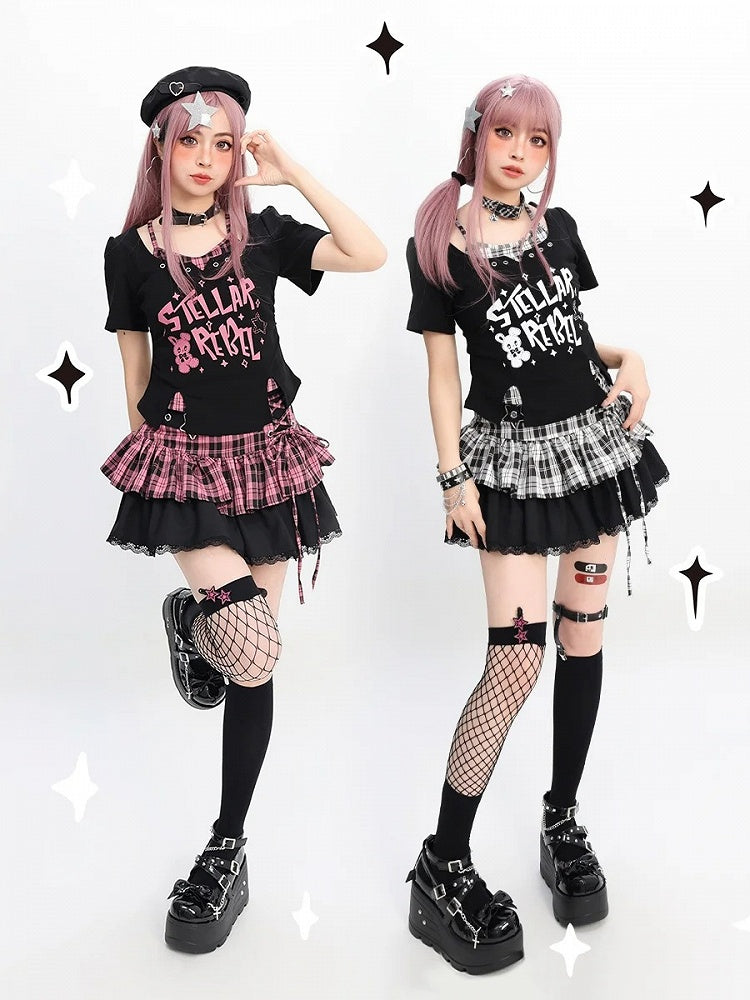 Y2K Black & Pink/Black & White Bunny Print T-Shirt Faux Two-Pieces