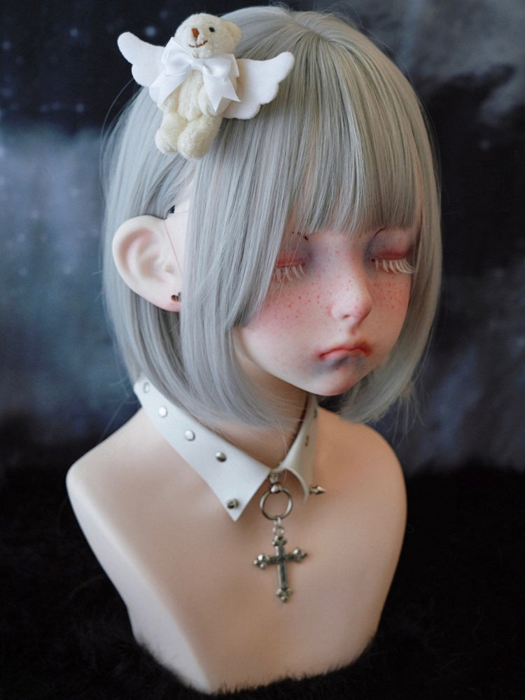 White Angel Wing Beige Teddy Bear Bow Hairclip