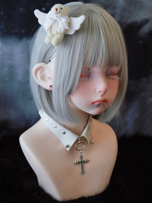 White Angel Wing Beige Teddy Bear Bow Hairclip