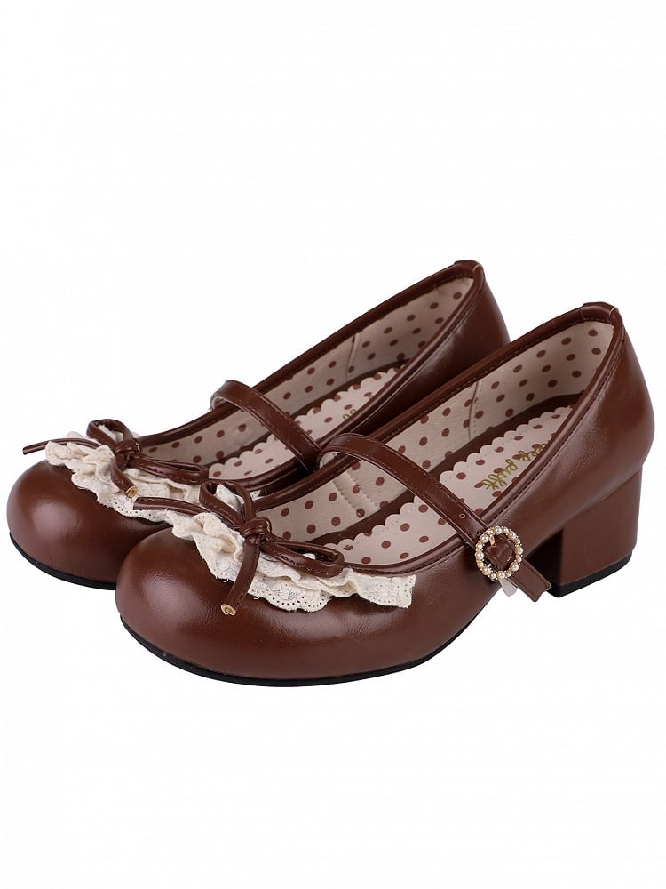 Dark Brown Knotted Bow Accent Lace Trim 4.3CM Heels Round Toe Mary Janes