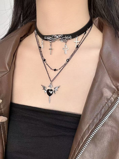 Black Bittersweet Cross And Heart Pendant Choker