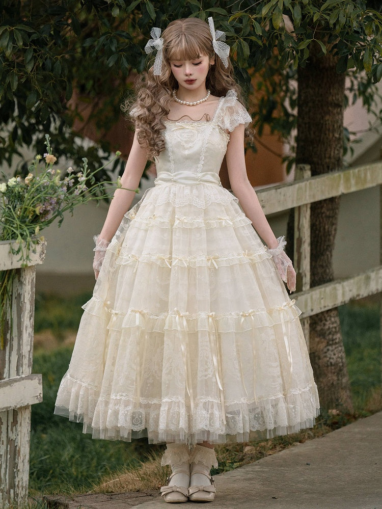 Creamy White Beads Neckline Ribbon Bow Accents Princess Lolita Dress