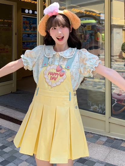 Sweet Strawberry Embroidery Yellow Box Pleat Overall Dress