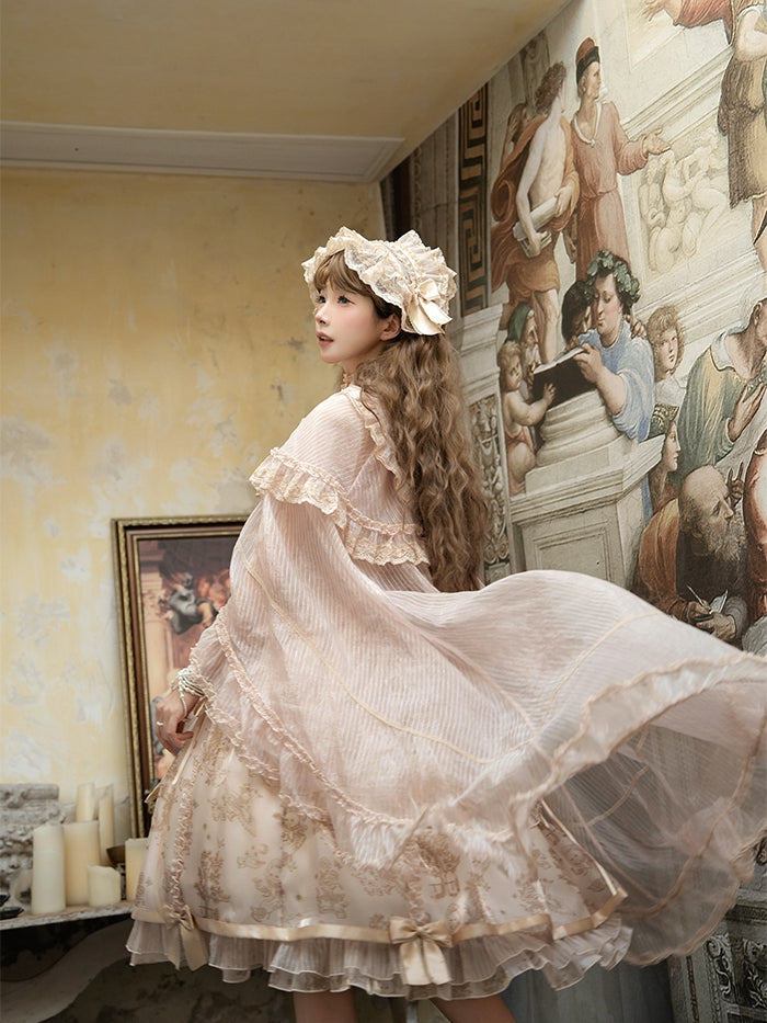 Champagne Self-tie Big Bow Neckline Cloak Cascading Ruffle Trimming