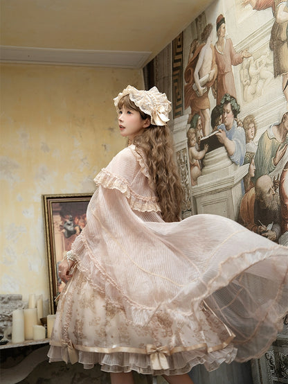 Champagne Self-tie Big Bow Neckline Cloak Cascading Ruffle Trimming