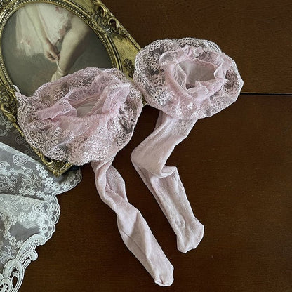 White/Pink Floral Pattern Lace Trim Socks