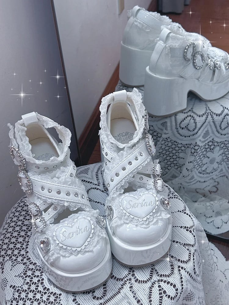 Jirai Kei White Platform Shoes: Round Toe with Lace-Trimmed Cross Strap and Chunky Block Heel