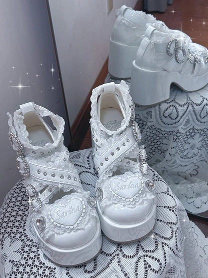 Jirai Kei White Platform Shoes: Round Toe with Lace-Trimmed Cross Strap and Chunky Block Heel