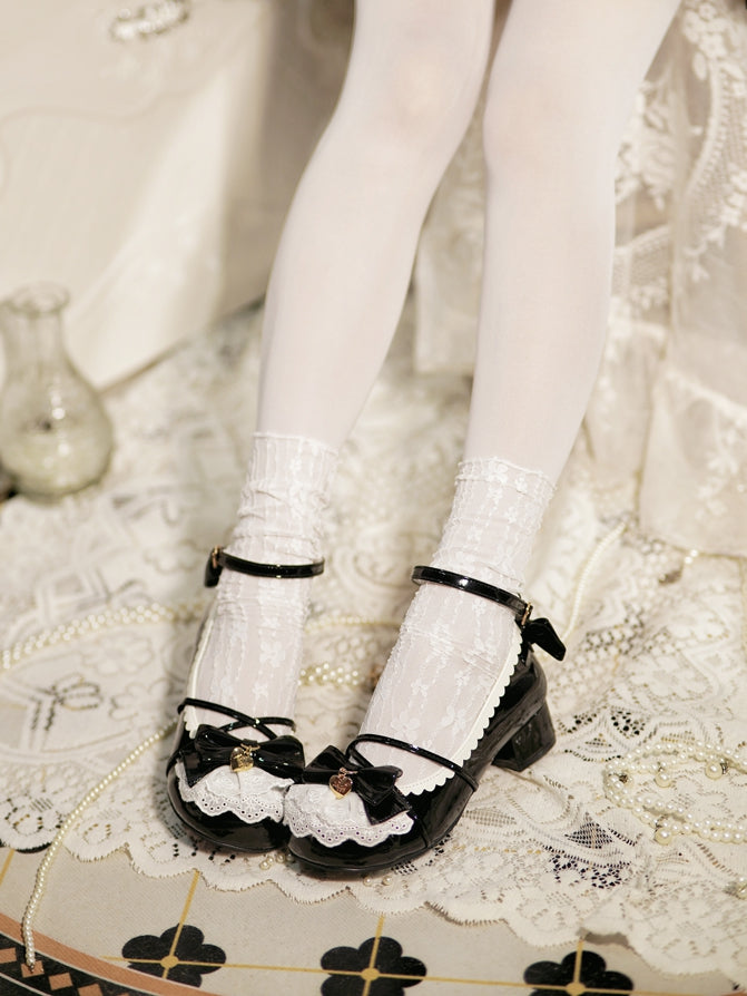 Black Heart Charm Bow at Top Lace Trim Crisscross Design Lolita Shoes