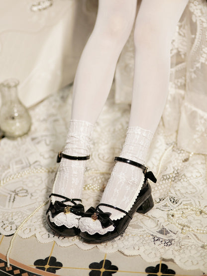 Black Heart Charm Bow at Top Lace Trim Crisscross Design Lolita Shoes
