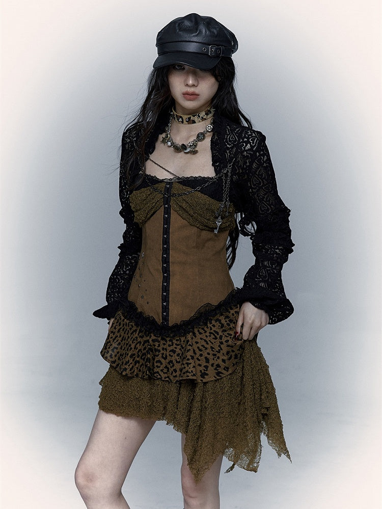 Studs Design Gothic Punk Brown Dropped Waist Asymmetrical Leopard Dress