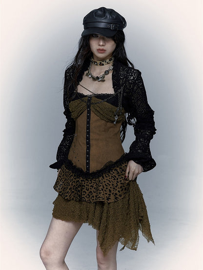 Studs Design Gothic Punk Brown Dropped Waist Asymmetrical Leopard Dress