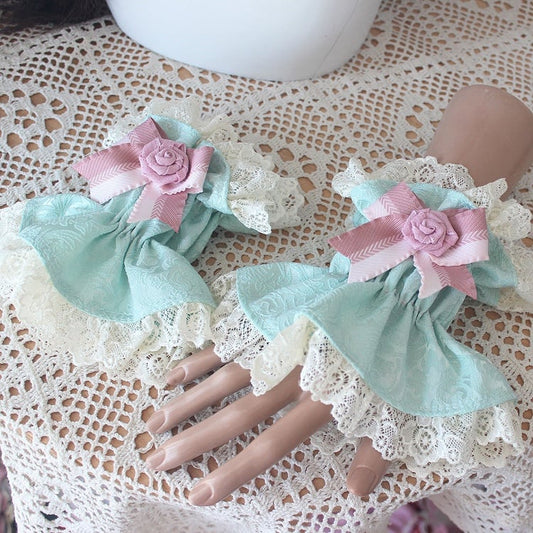 8 Color Options Floral Design Bowknot Decorated Lace Trim Wrist Cuffs