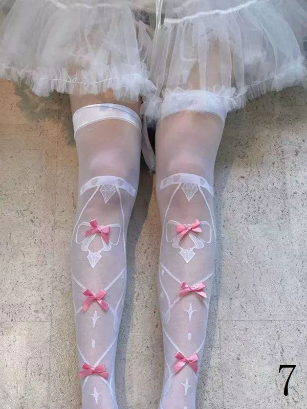 11 Options White/Black Sweet Lolita Overknee Stockings With Black/White/Pink/Blue/Red Bowknot Details
