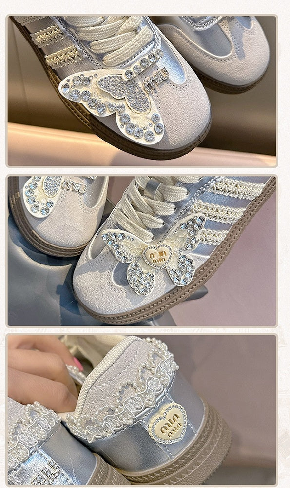 Beads and Rhinestones Detail Silver Butterfly Decorated Sneakers