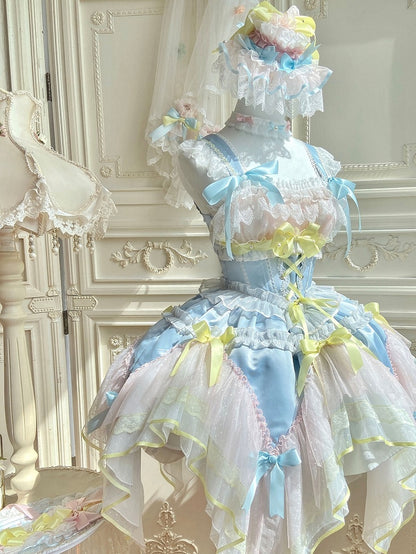 Blue and Yellow Basque Waist Fairycore Lolita Jumper Skirt with Layered Handkerchief Hem