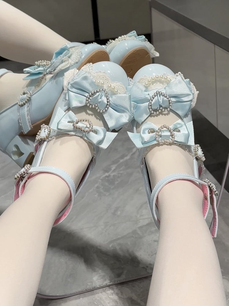 Blue Bow at Top Heart Cut-out Heels Mary Janes