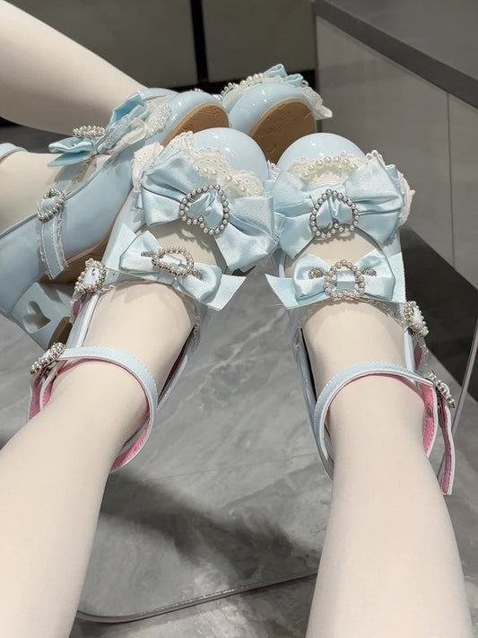 Blue Bow at Top Heart Cut-out Heels Mary Janes