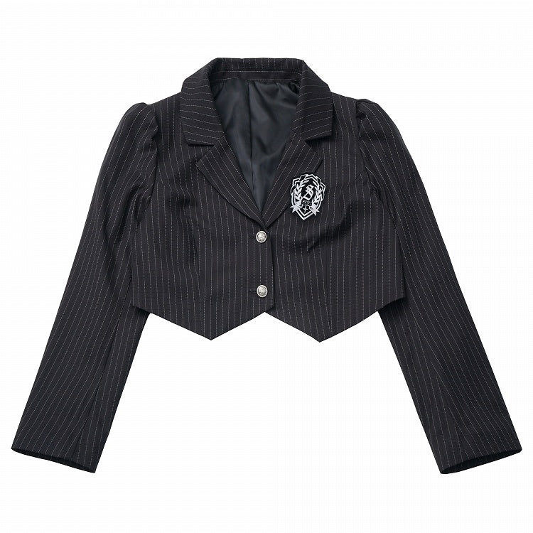 Black Striped Cropped Blazer with Preppy Badge & Subtle Silver Accents