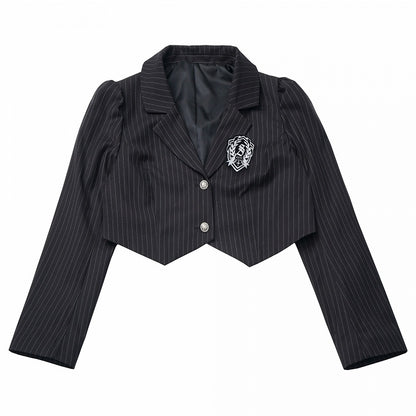 Black Striped Cropped Blazer with Preppy Badge & Subtle Silver Accents