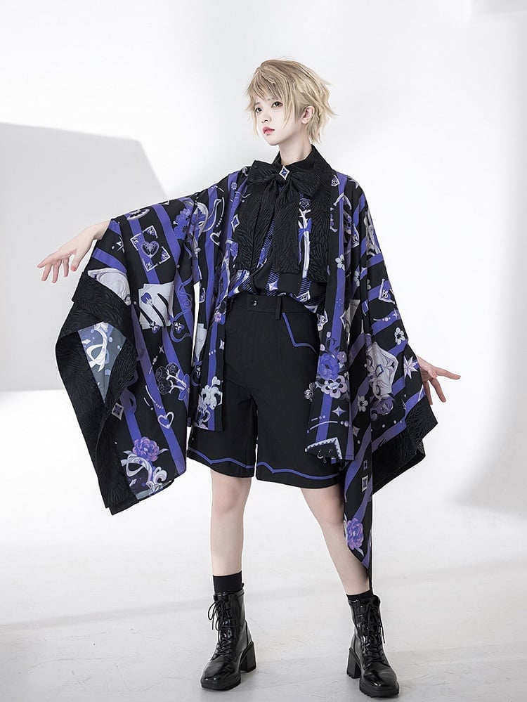 Ouji Fashion Poker and Rose Print Summer Magician Shirt with Bowtie