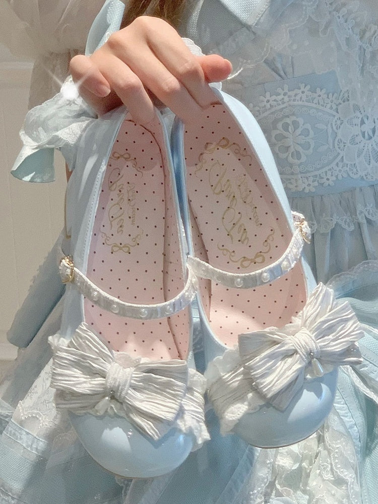 Blue&White Beaded Decorated Bow at Top 2.5CM/5CM Block Heels Round Toe Shoes