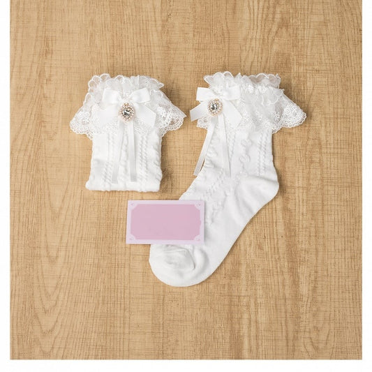 Jirai Kei White Bowknot and Heart Rhinestone Decoration Lace Cuffs White Cotton Ankle Socks