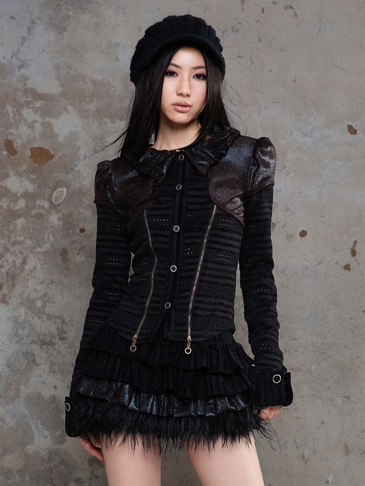 Black Punk Ruffled Puff Collar Blouse with Dotted Eyelet Fabric & Front Side Zippers