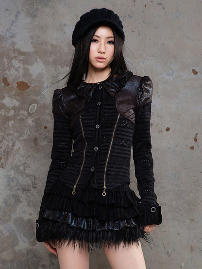 Black Punk Ruffled Puff Collar Blouse with Dotted Eyelet Fabric & Front Side Zippers