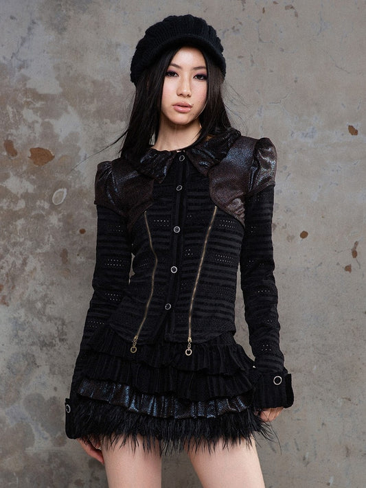 Black Punk Ruffled Puff Collar Blouse with Dotted Eyelet Fabric & Front Side Zippers