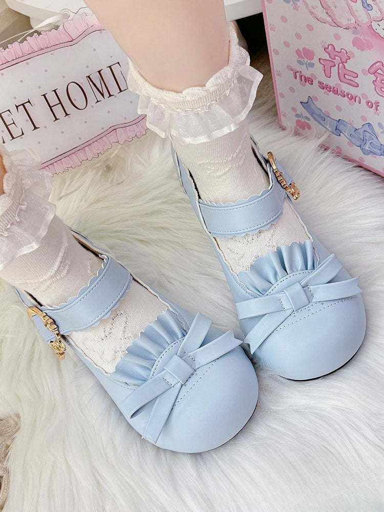 Mid-heel Blue Mary Janes in PU - Bow Accent, Ruffles Edging & Scalloped Buckle