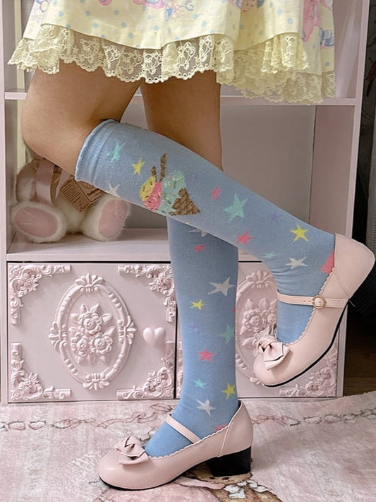 Pink/Blue/Purple/Yellow/White Lolita Ice Cream Star Print Design Calf Socks