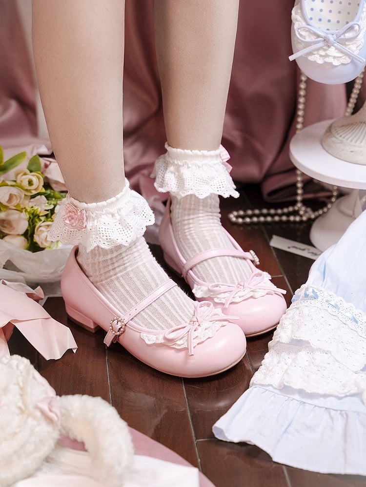 Pink Knotted Bow Accent Lace Trim 2.2CM/4.3CM Heels Round Toe Mary Janes