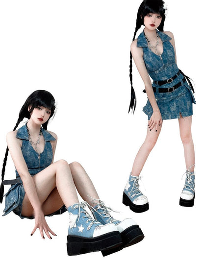 Star Appliques Punk Blue Denim Platform Ankle Boots