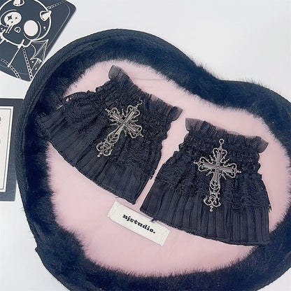 Black Gothic Cross Decorated Lace Trim Wrist Cuffs