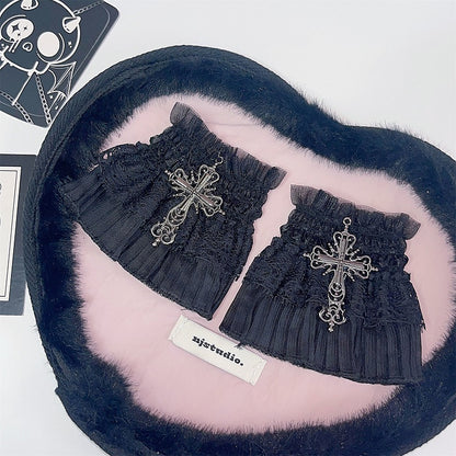 Black Gothic Cross Decorated Lace Trim Wrist Cuffs