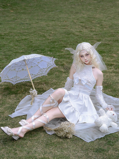 White Halter Neck Fairy Dress Structured Flowers Bodice