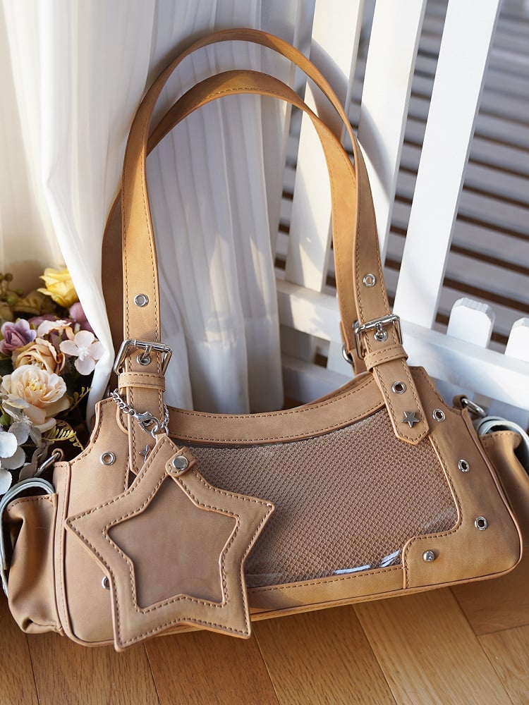 Light Brown PU Y2K Shoulder Ita Bag With Star Charm