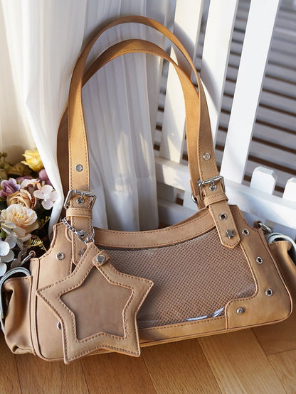 Light Brown PU Y2K Shoulder Ita Bag With Star Charm