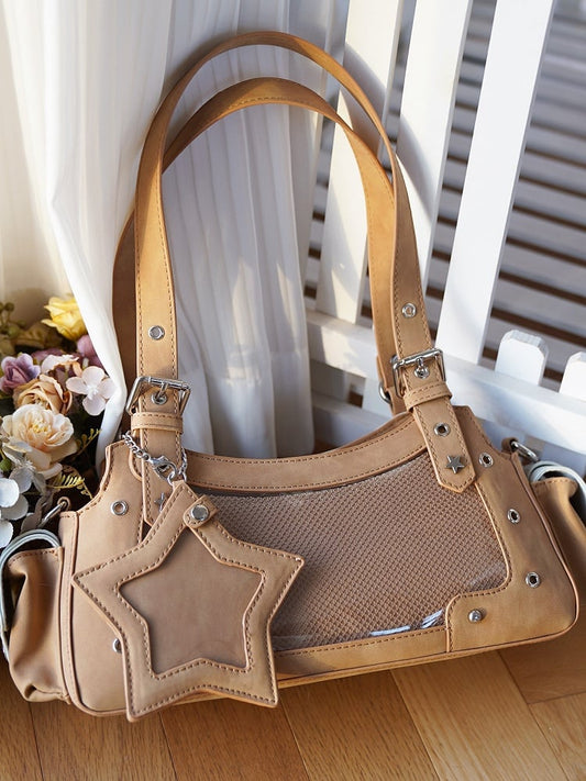 Light Brown PU Y2K Shoulder Ita Bag With Star Charm