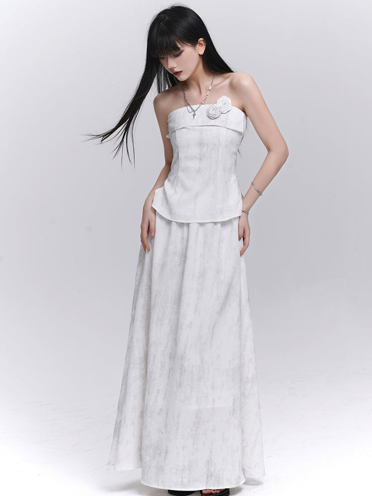 Off-white Floral Embellished Strapless Top / Elastic Waist Skirt