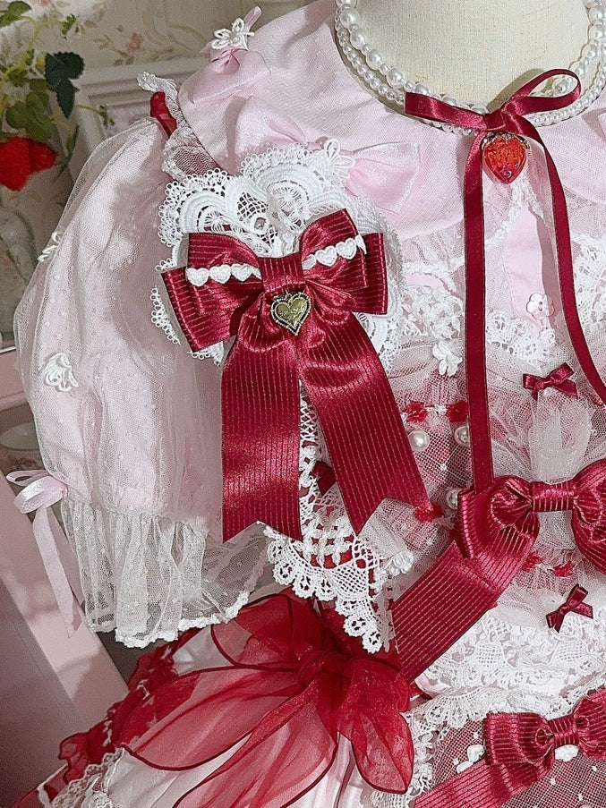 White&Red Heart Charm Lace Detail Bowknot Hairclip