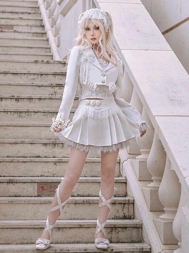 White Lace Trim Hemline and Cuffs Cropped Blazer