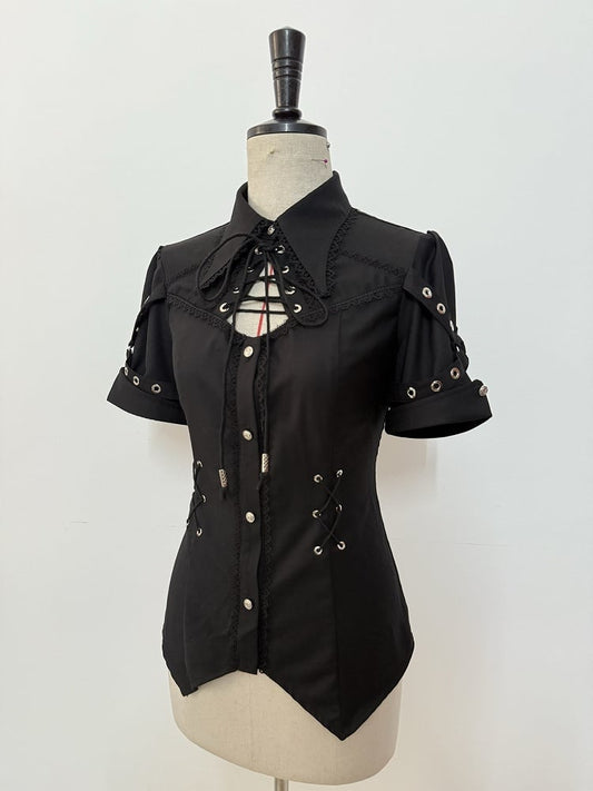 Black Ouji Lolita Fashion Lace-up Neckline Short Sleeves Shirt