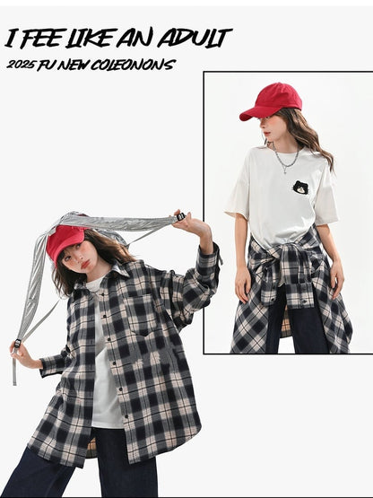 Navy Blue Front Button Placket Vintage Plaid Shirt