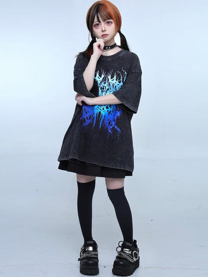 Black Jirai Kei Faded Wash Design Round Neck T-shirt