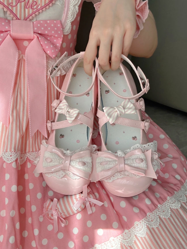 Sweet Sakura Pink Lolita Mid Heels - PU Leather with Crisscross Straps & Heart-Shaped Snap Closure