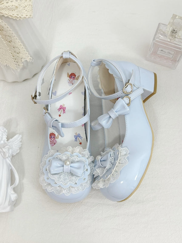 Baby Blue Bow at Top Lace Trim Heart Buckles Round Toe Lolita Shoes