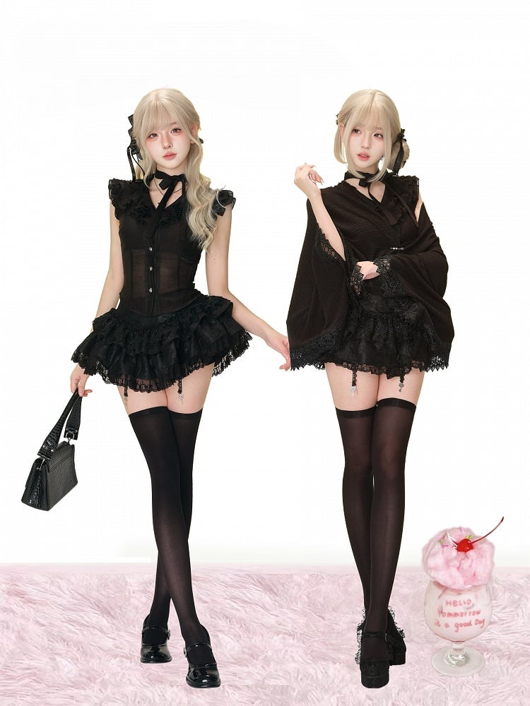 Black Tiered Lace Skirt with Key Charm Accents