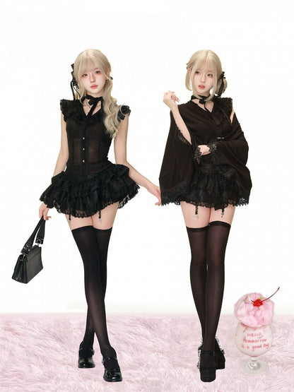 Black Tiered Lace Skirt with Key Charm Accents